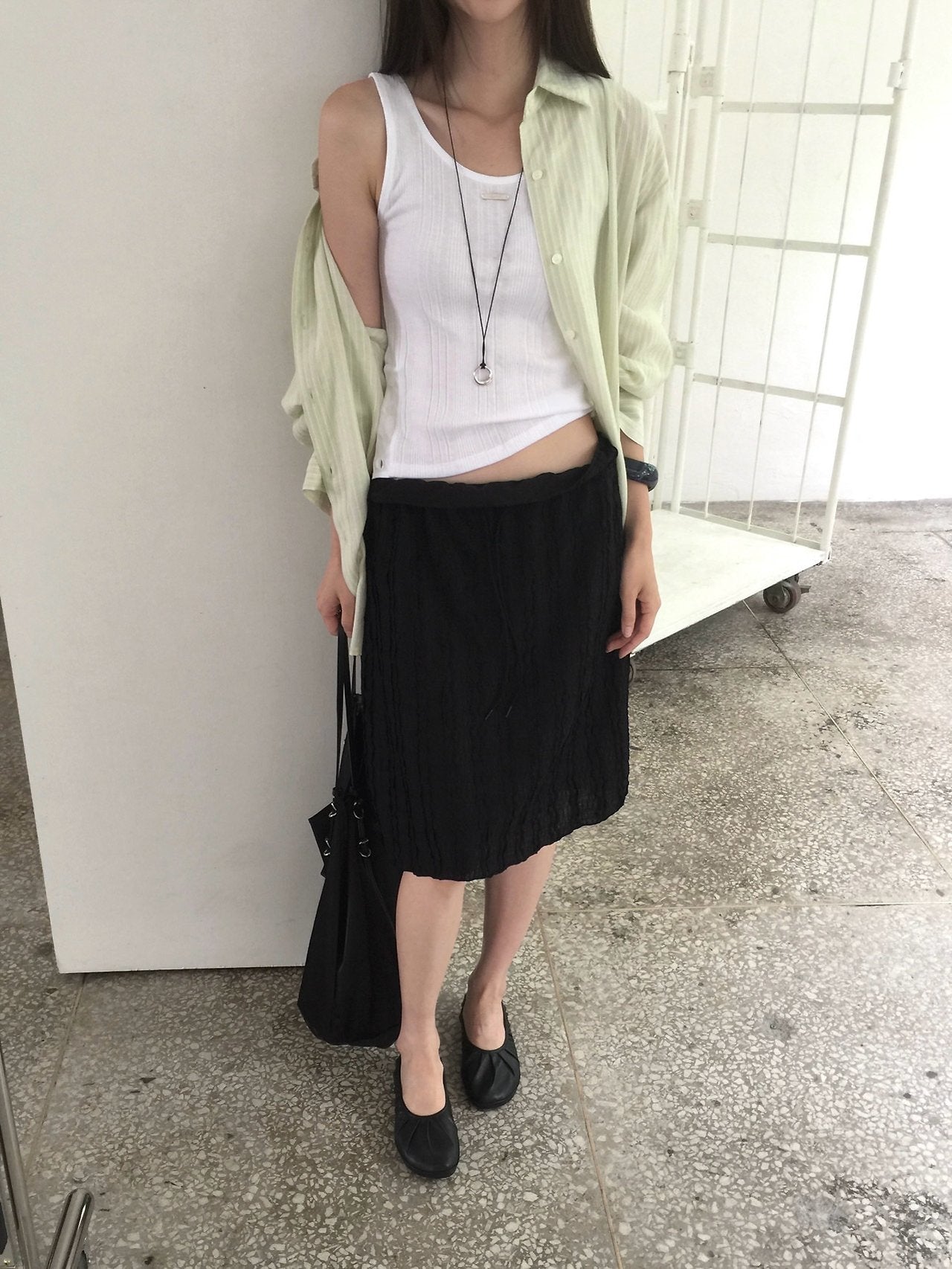 Nweol bubble texture midi skirt in Ivory, lace trim rolled waistband close-up front view