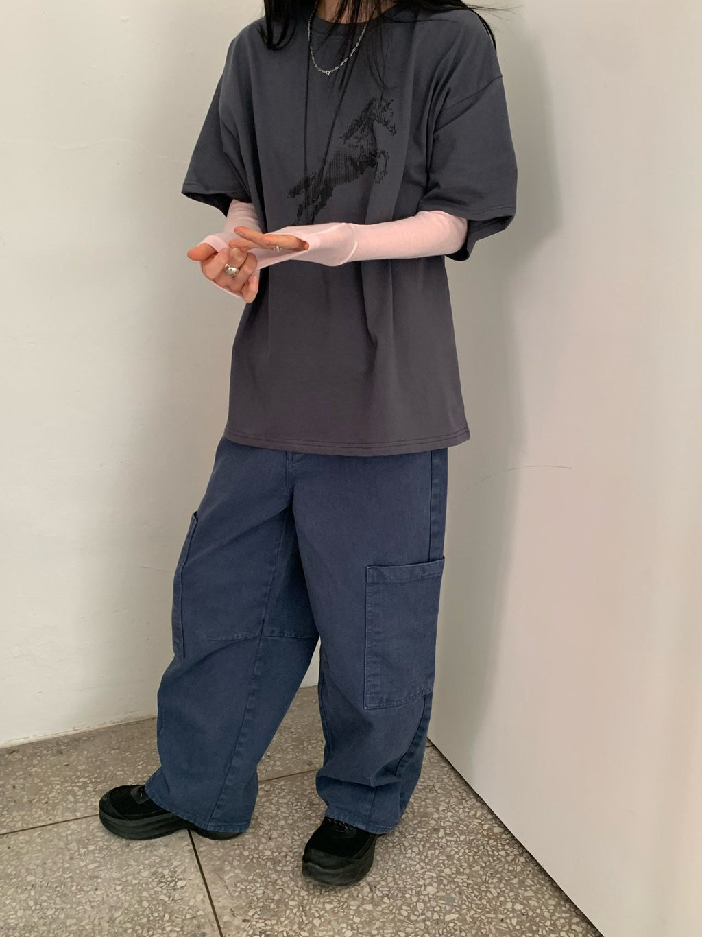 Vaara Cargo Pocket Curved Wide Pants — High Waist Button Zip Full Length