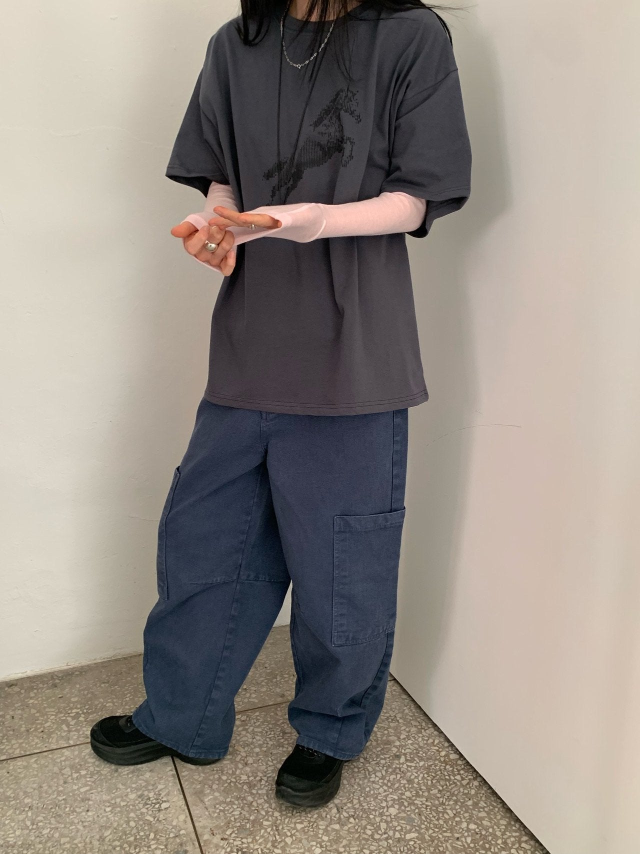Vaara Cargo Pocket Curved Wide Pants — High Waist Button Zip Full Length