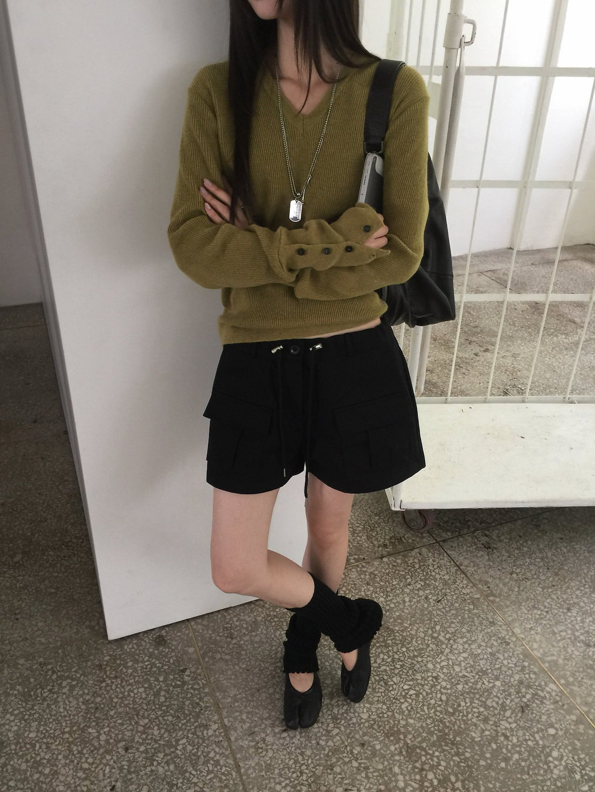 Nweol V-Neck Knit Sweater with Button Cuffs