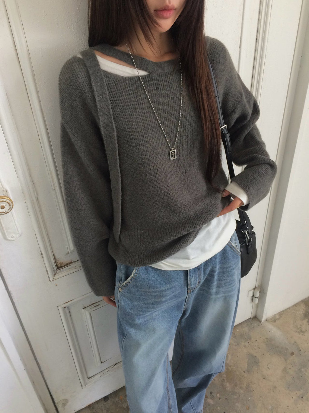 Off-Shoulder Strap Cutout Loose Fit Long Sleeve Knit Top