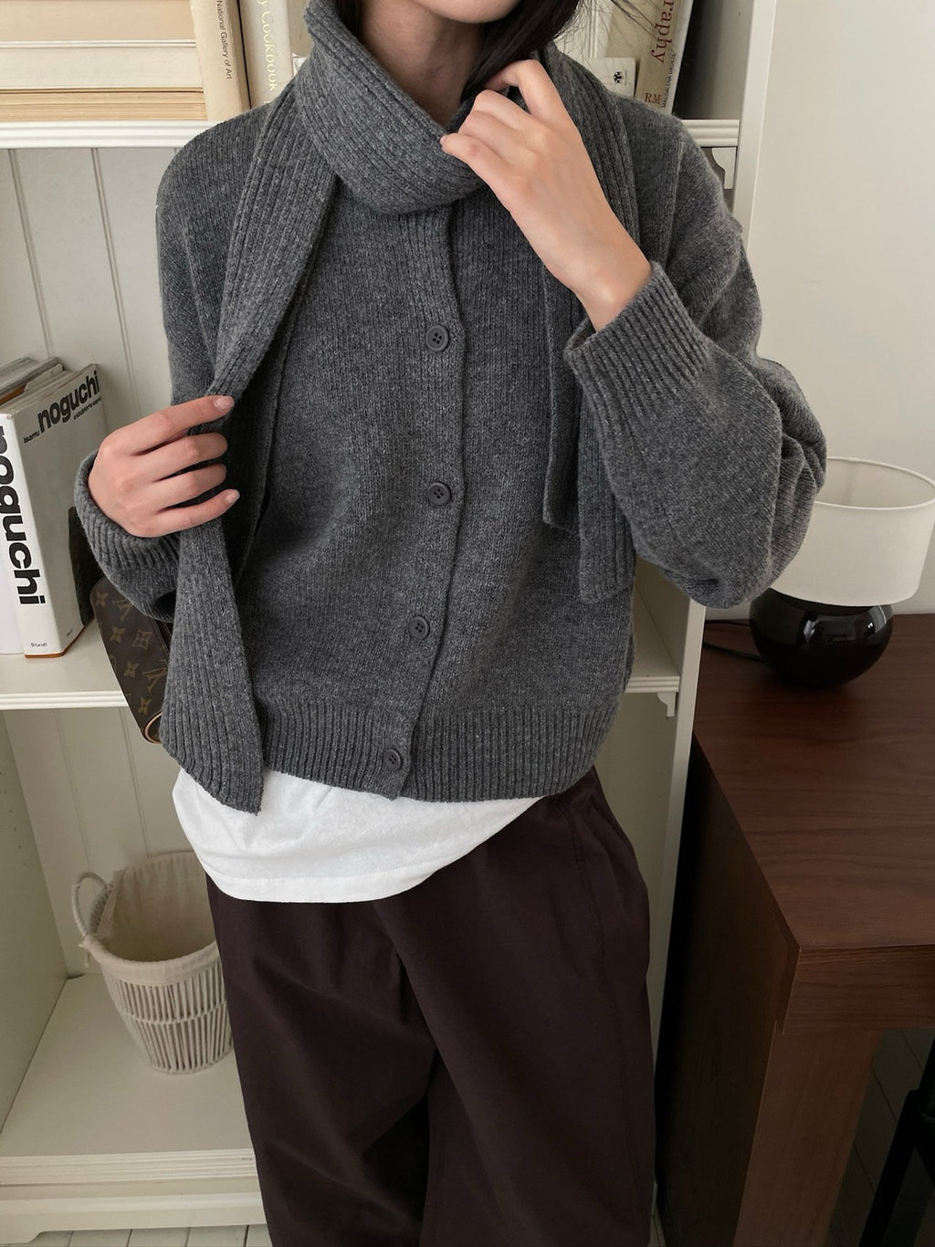 Charcoal button-up knit cardigan with matching ribbed scarf