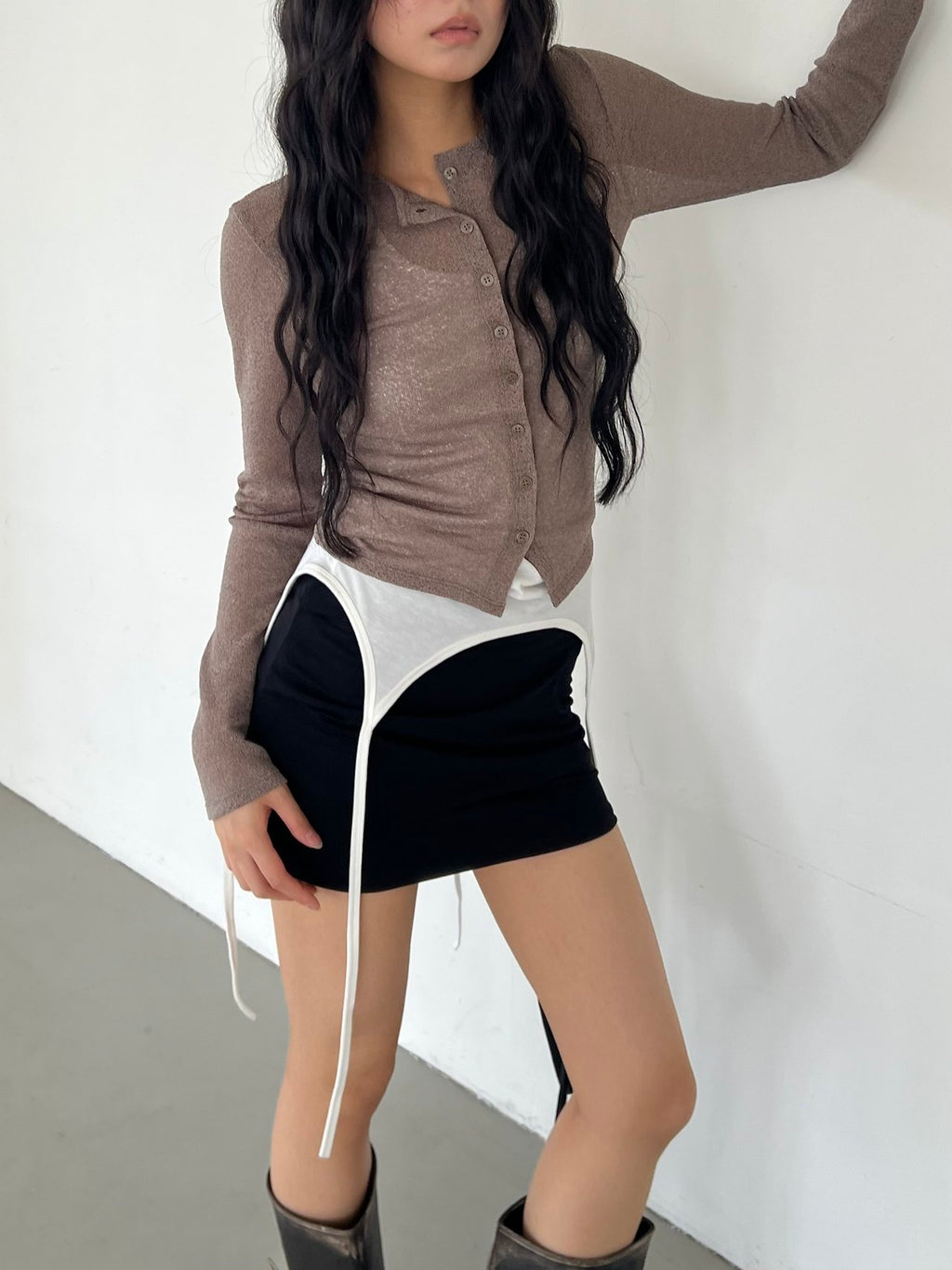 ASKHAKI Sheer Texture Button Front Slim Cropped Cardigan