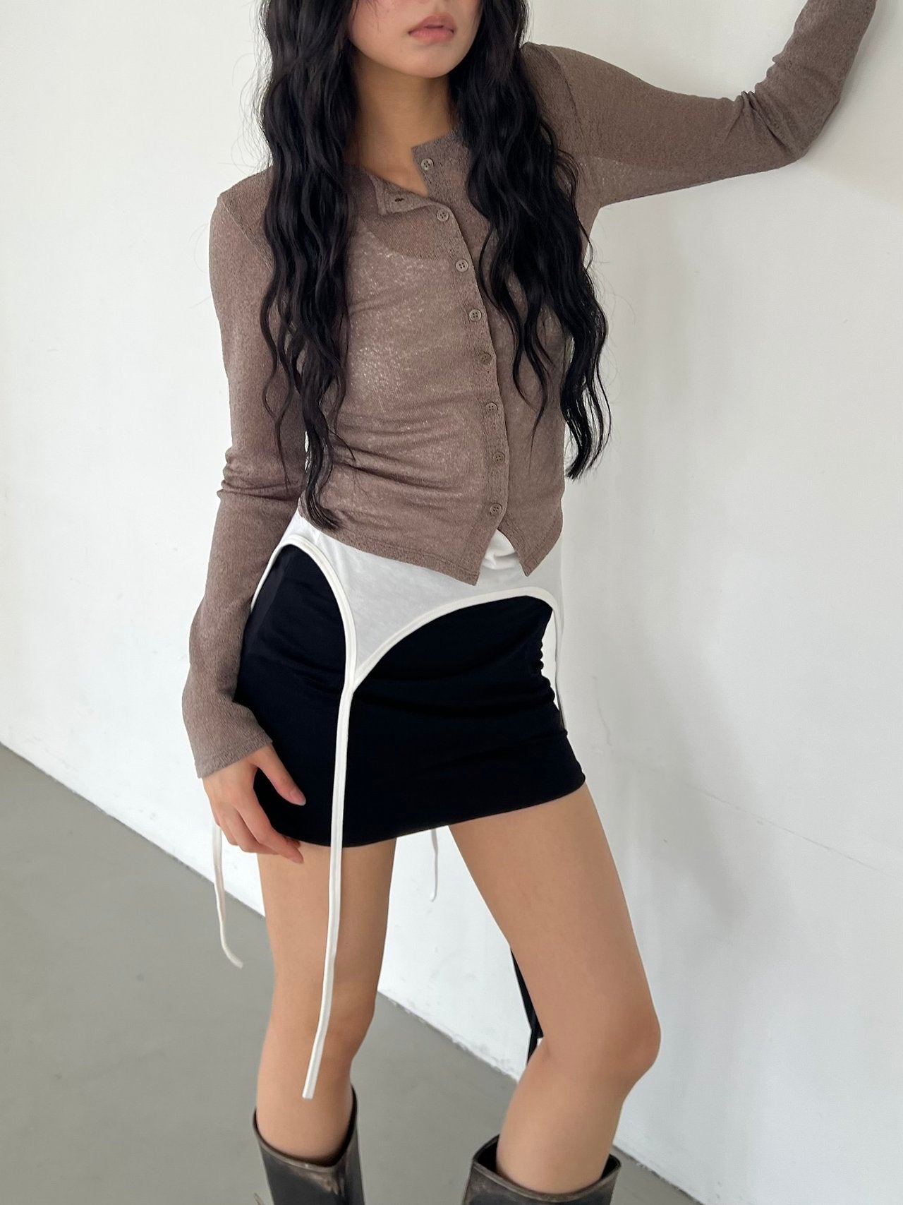 ASKHAKI Sheer Texture Button Front Slim Cropped Cardigan