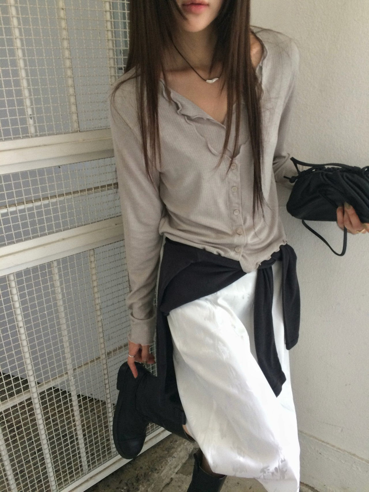 Wave Hem Ribbed Button-Front Long Sleeve Top