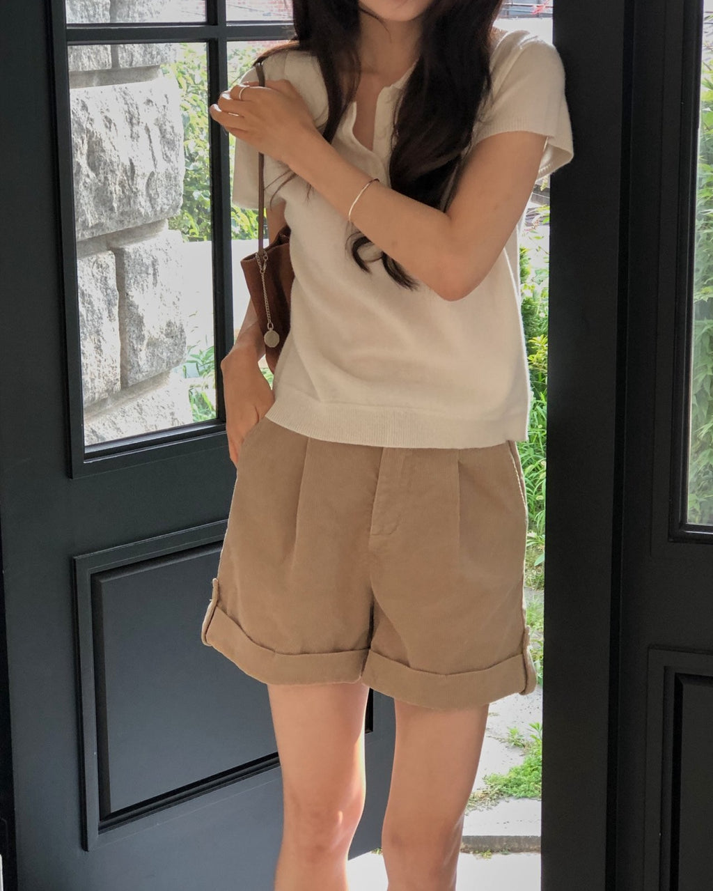 High Waist Pleated Roll-Up Corduroy Shorts