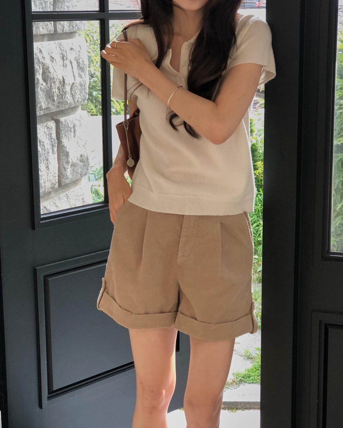 High Waist Pleated Roll-Up Corduroy Shorts