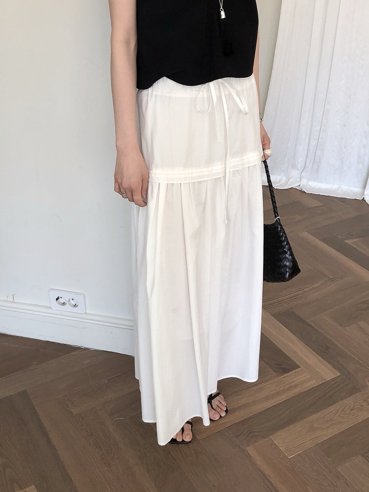 LeButter Pin Tuck Panel Maxi Skirt — Drawstring Elastic Waist