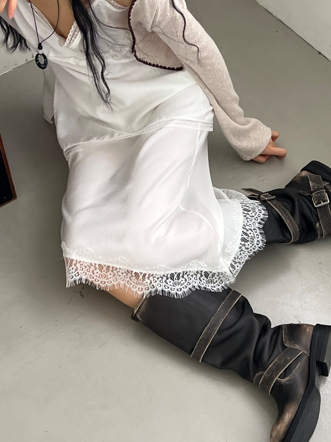 ASKHAKI Lace Trim Slip Blouse & Asymmetric Skirt Set
