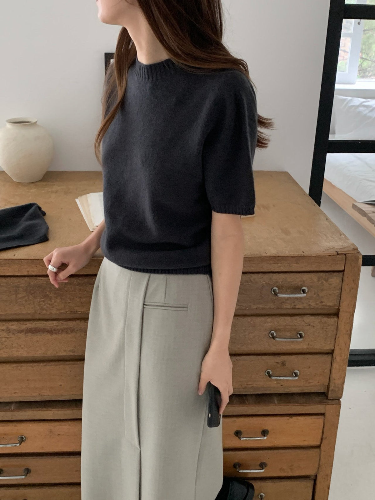 Crew Neck Short Sleeve Wool Knit Pullover
