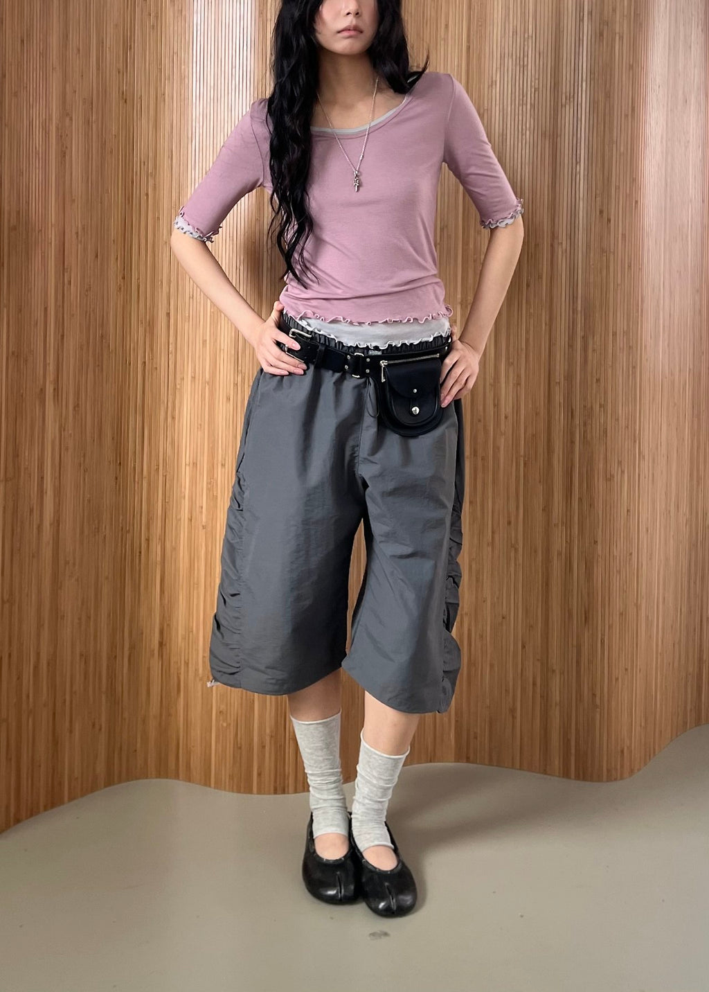 ASKHAKI Side Shirring Drawstring Hem Wide Bermuda Pants