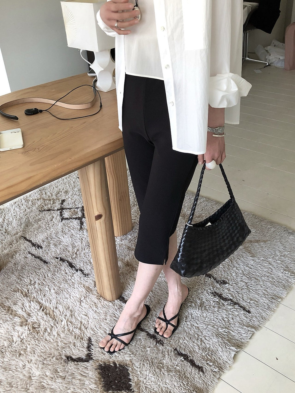 LeButter Slit Hem Capri Pants — Elastic Waist