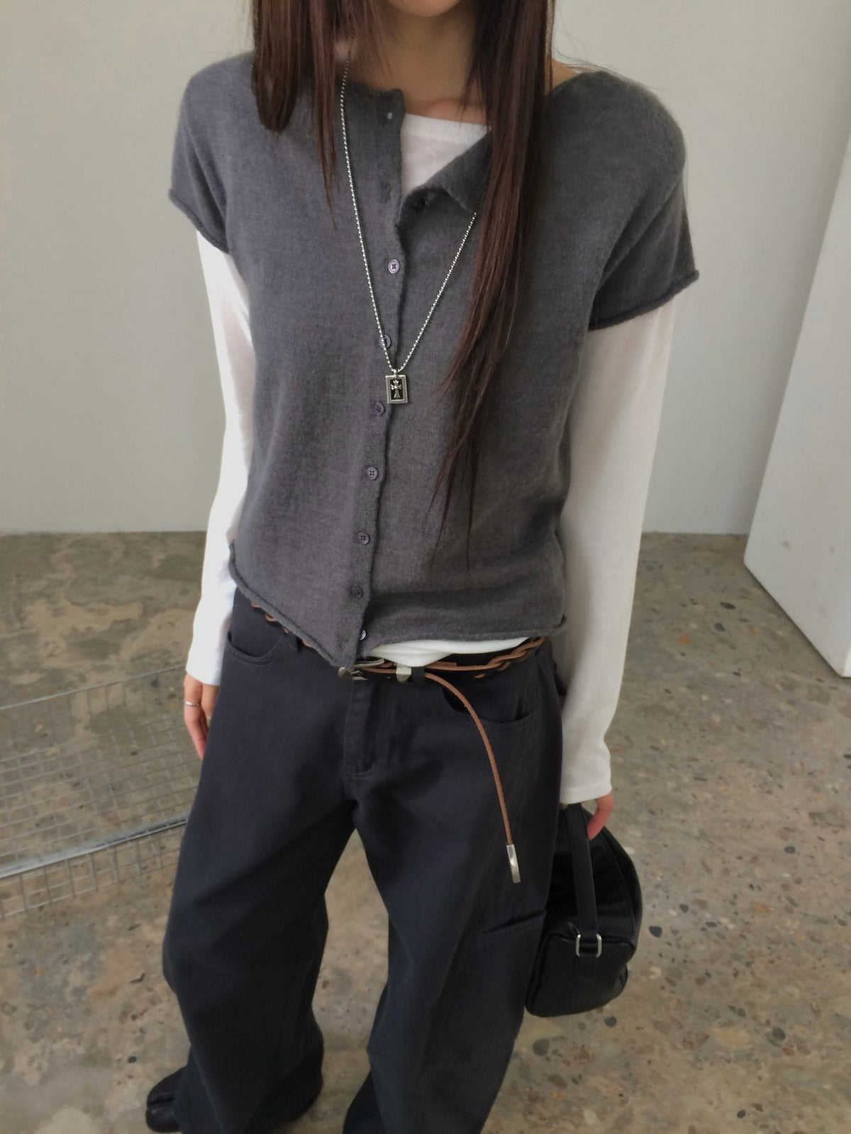 Front Button Cropped Cap Sleeve Knit Vest