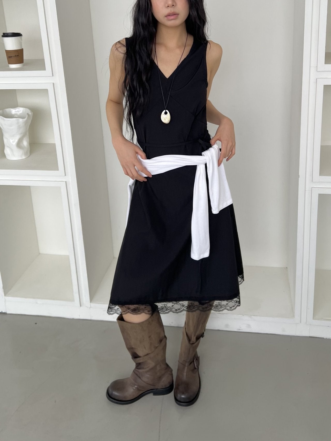 ASKHAKI  Lace Hem Side Tie Sleeveless Long Dress