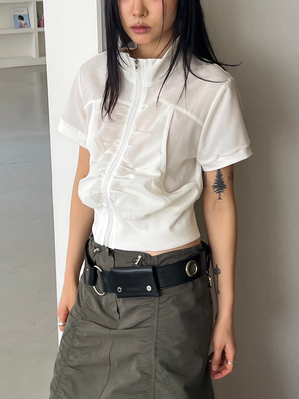 ASKHAKI Cooling Shirred Stand Collar Cropped Zip-Up
