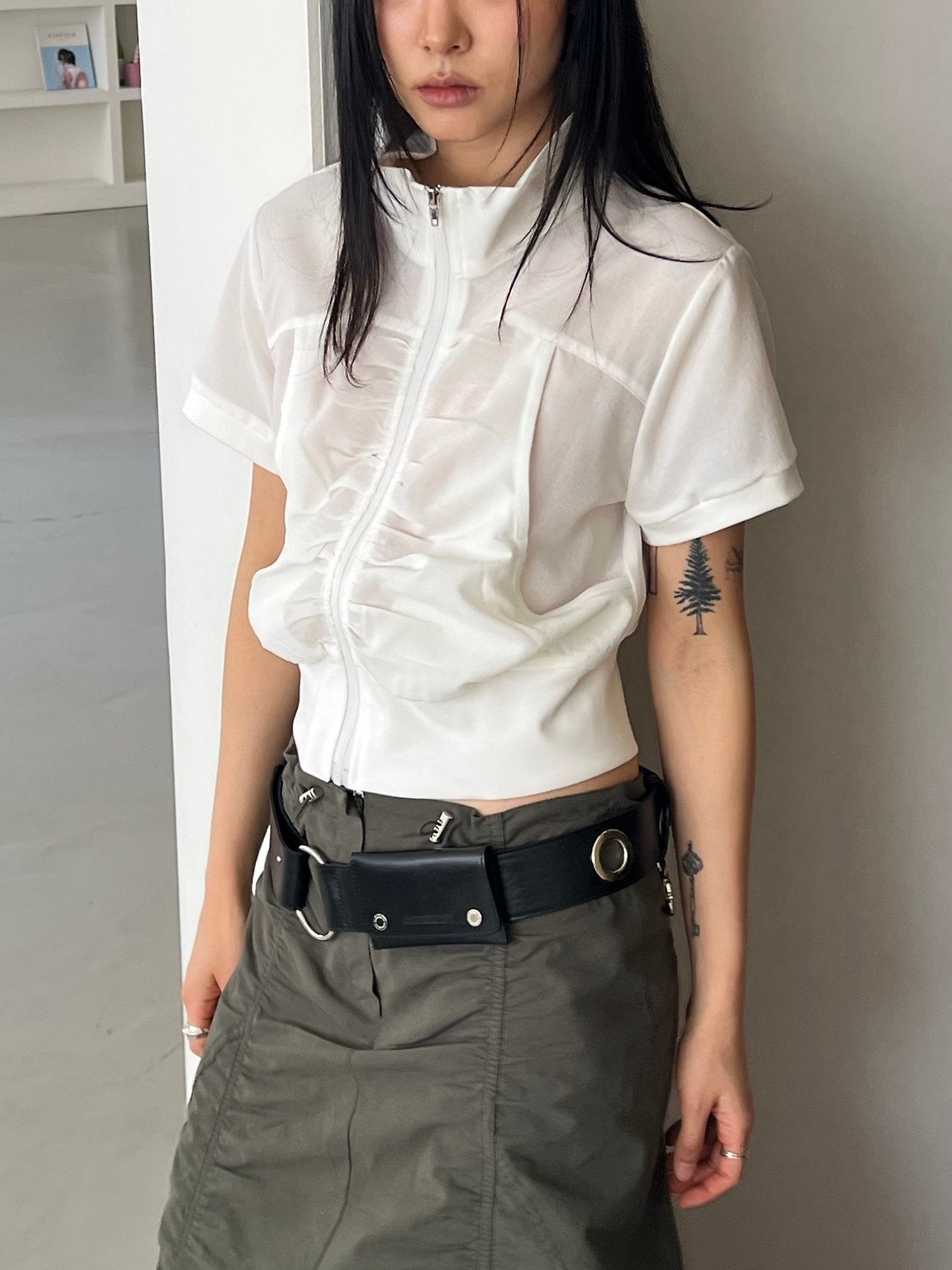 ASKHAKI Cooling Shirred Stand Collar Cropped Zip-Up