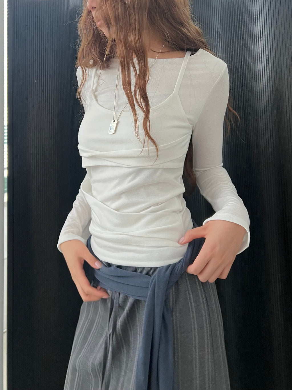Layered Look Long Sleeve Top with Ruched Strap Detail