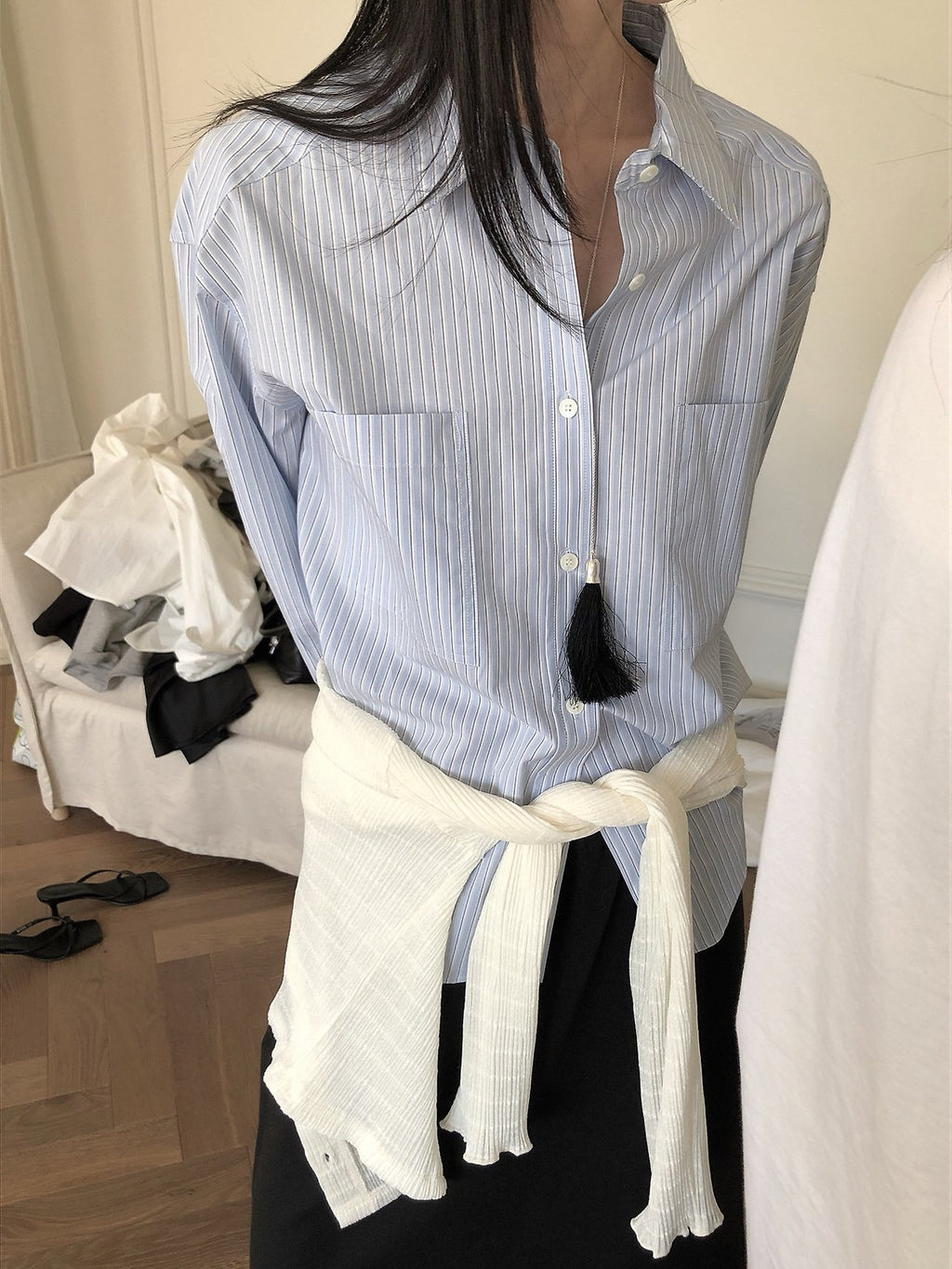 LeButter Pinstripe Oversized Long Sleeve Shirt — Cotton Rayon Blend