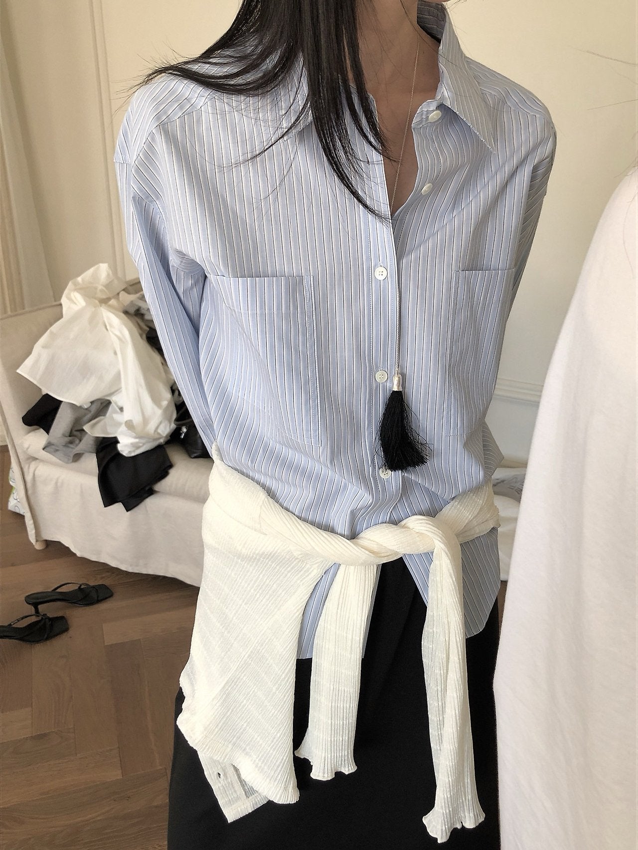 LeButter Pinstripe Oversized Long Sleeve Shirt — Cotton Rayon Blend