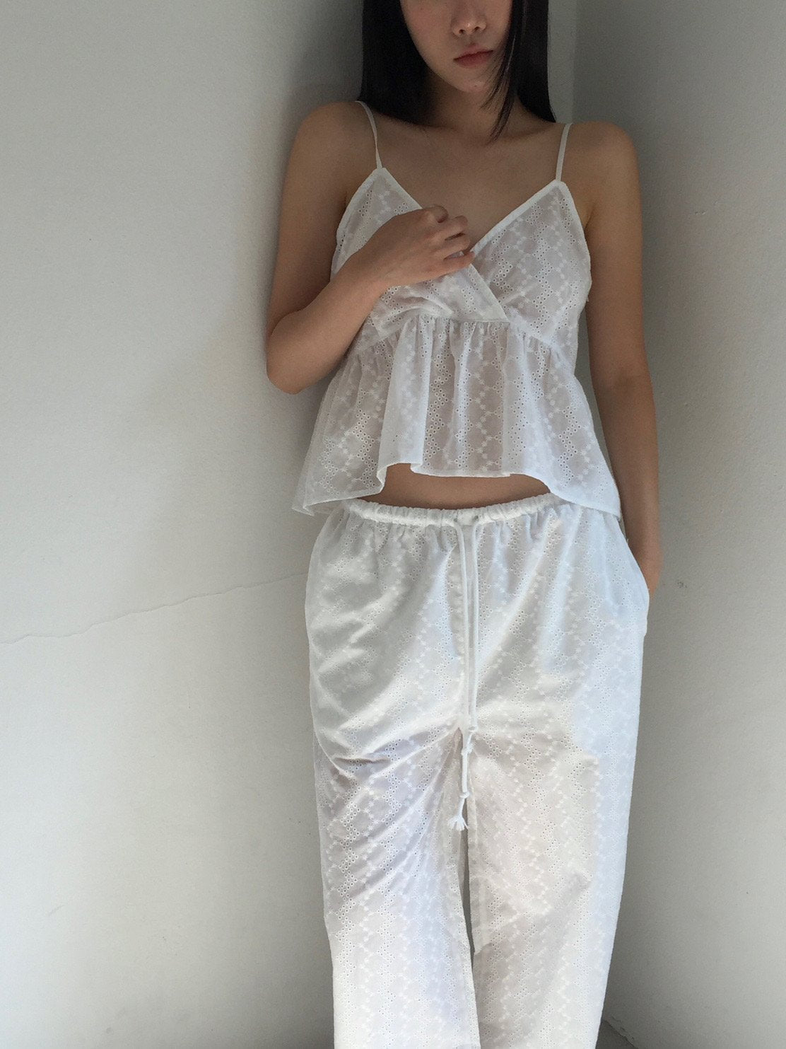 Lovemoment Eyelet Lace V-Neck Spaghetti Strap Tank Top (+Optional Pants)