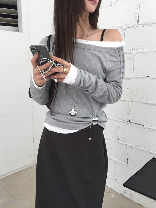 Off-Shoulder Button Long Sleeve Top