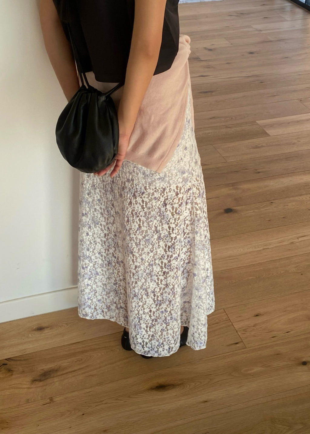 OUPPT Floral Lace Elastic Waist Maxi Skirt with Flared Hem