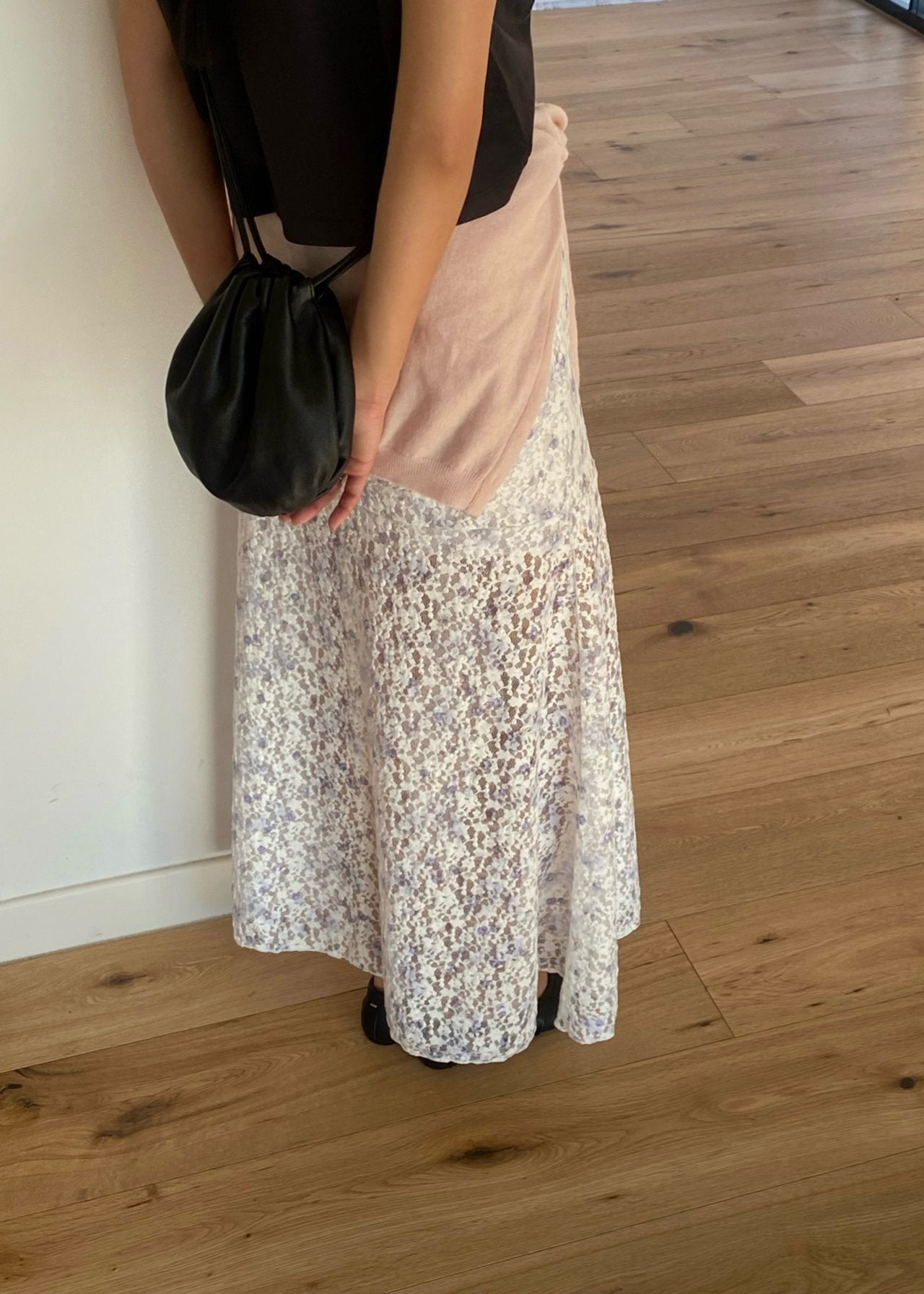 OUPPT Floral Lace Elastic Waist Maxi Skirt with Flared Hem