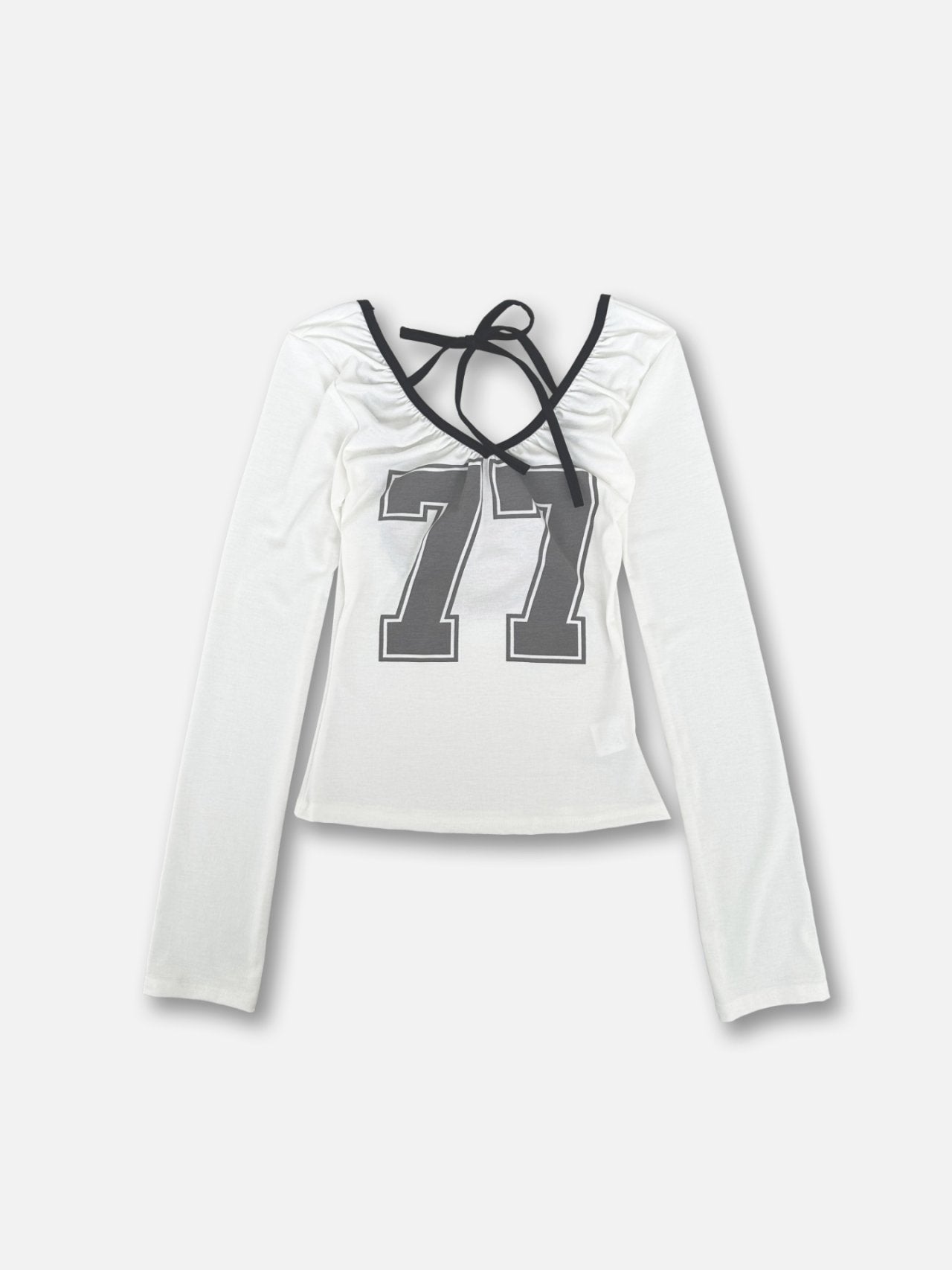ASKHAKI 77 Number Print Open-Back Cropped Long Sleeve Top