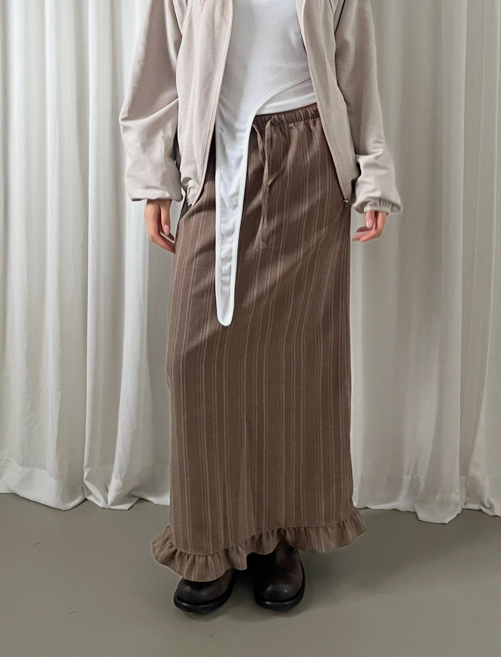 Pinstripe Maxi Skirt with Contrast Waist Band and Ruffle Hem