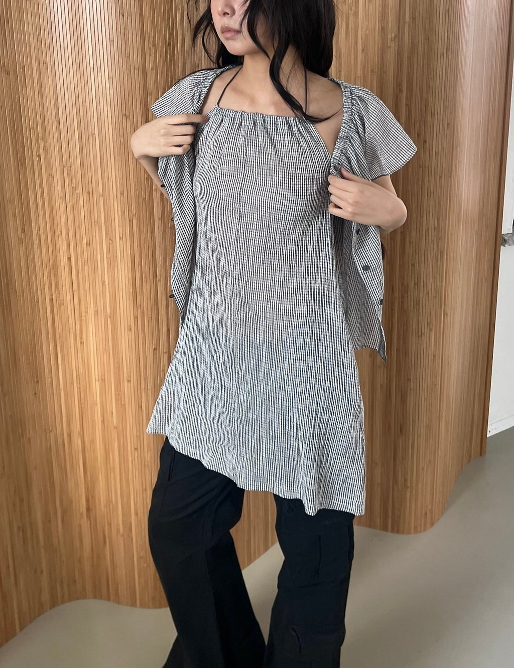 ASKHAKI Mini Check Ruffle Neck Cropped Cardigan and Spaghetti Strap Dress Set