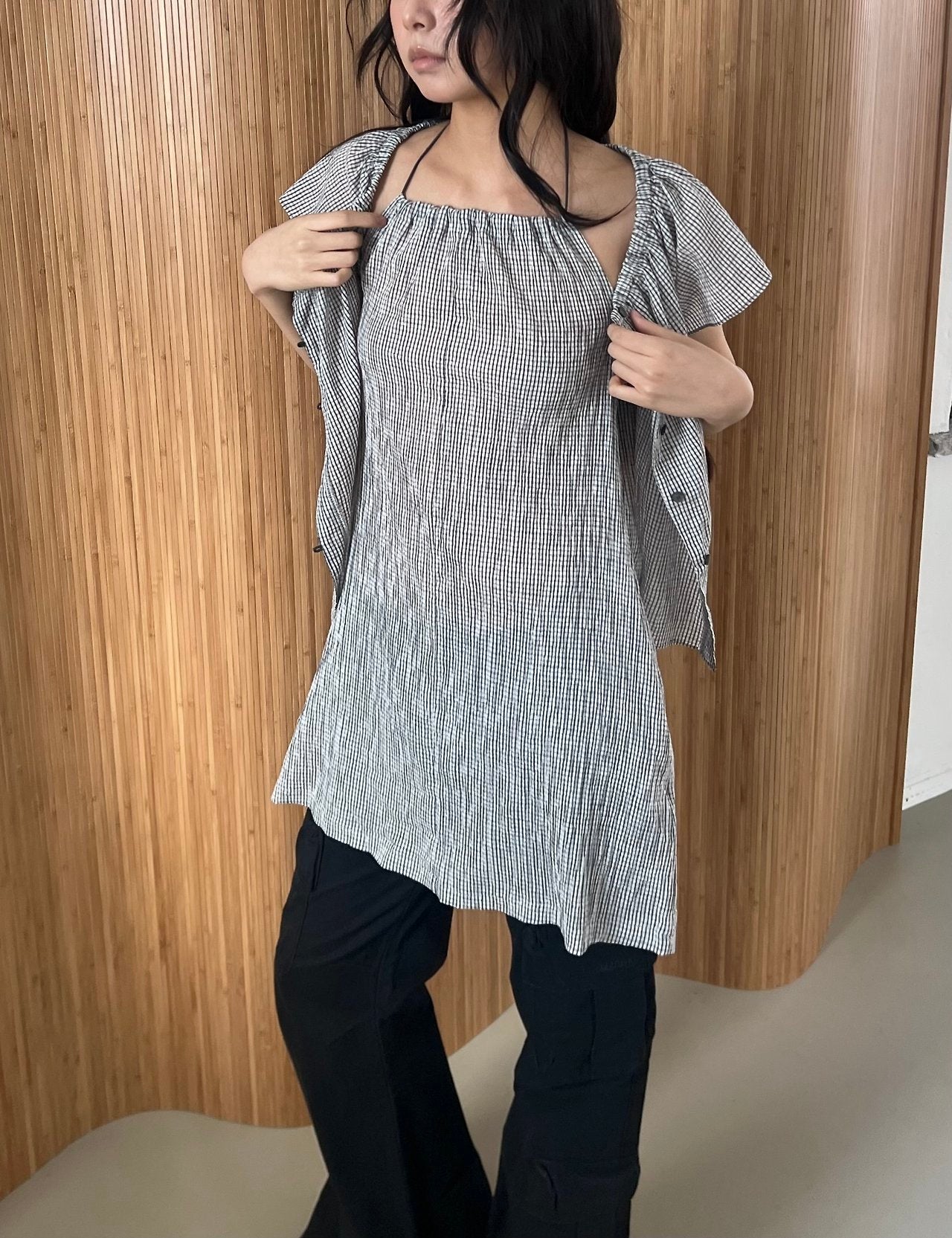 ASKHAKI Mini Check Ruffle Neck Cropped Cardigan and Spaghetti Strap Dress Set