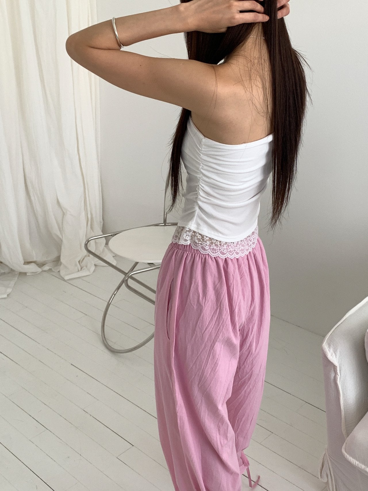 Vive L ribbed lace hem camisole top back view in White