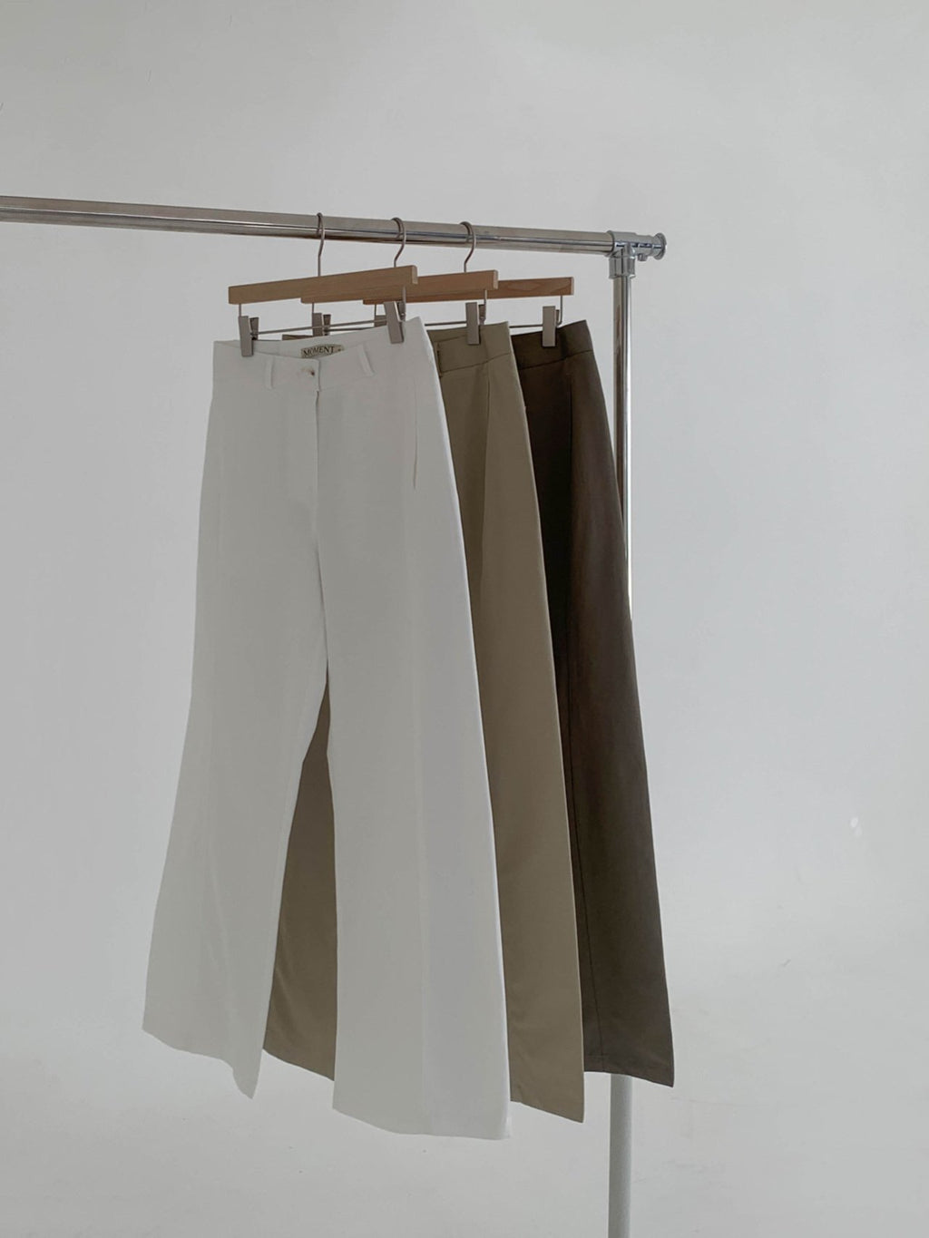 Moment curved seam wide leg pants in Light Khaki, back view full length on model