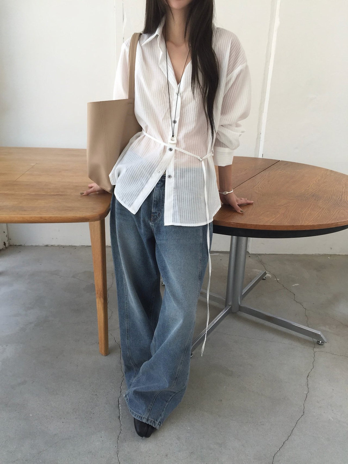 Stripe Texture Button-Down Shirt with Drawstring Waist