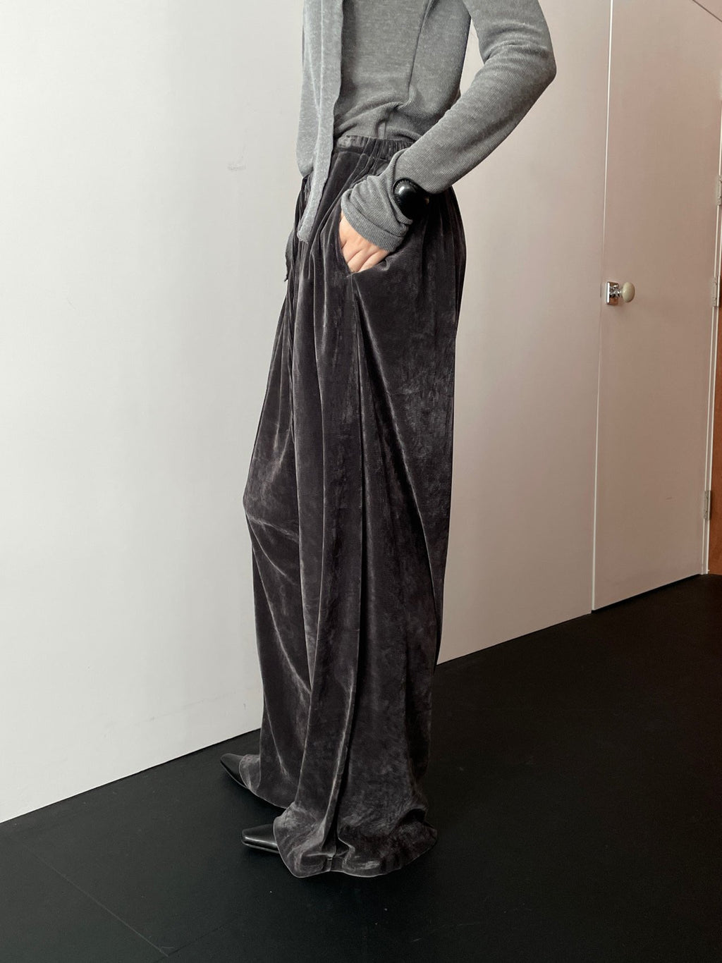 Charcoal velvet wide-leg pants side view
