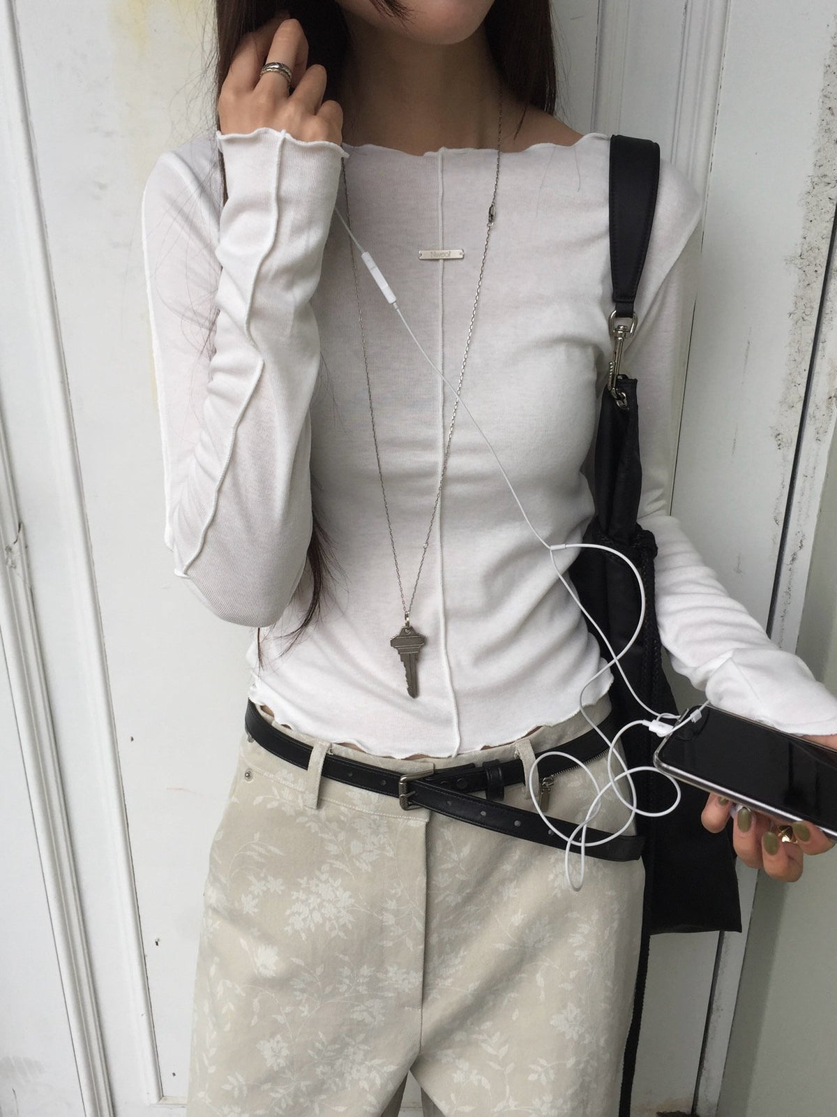 Frill Neck Seam Detail Fitted Long Sleeve Top