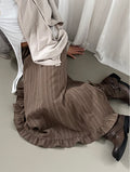 Pinstripe Maxi Skirt with Contrast Waist Band and Ruffle Hem