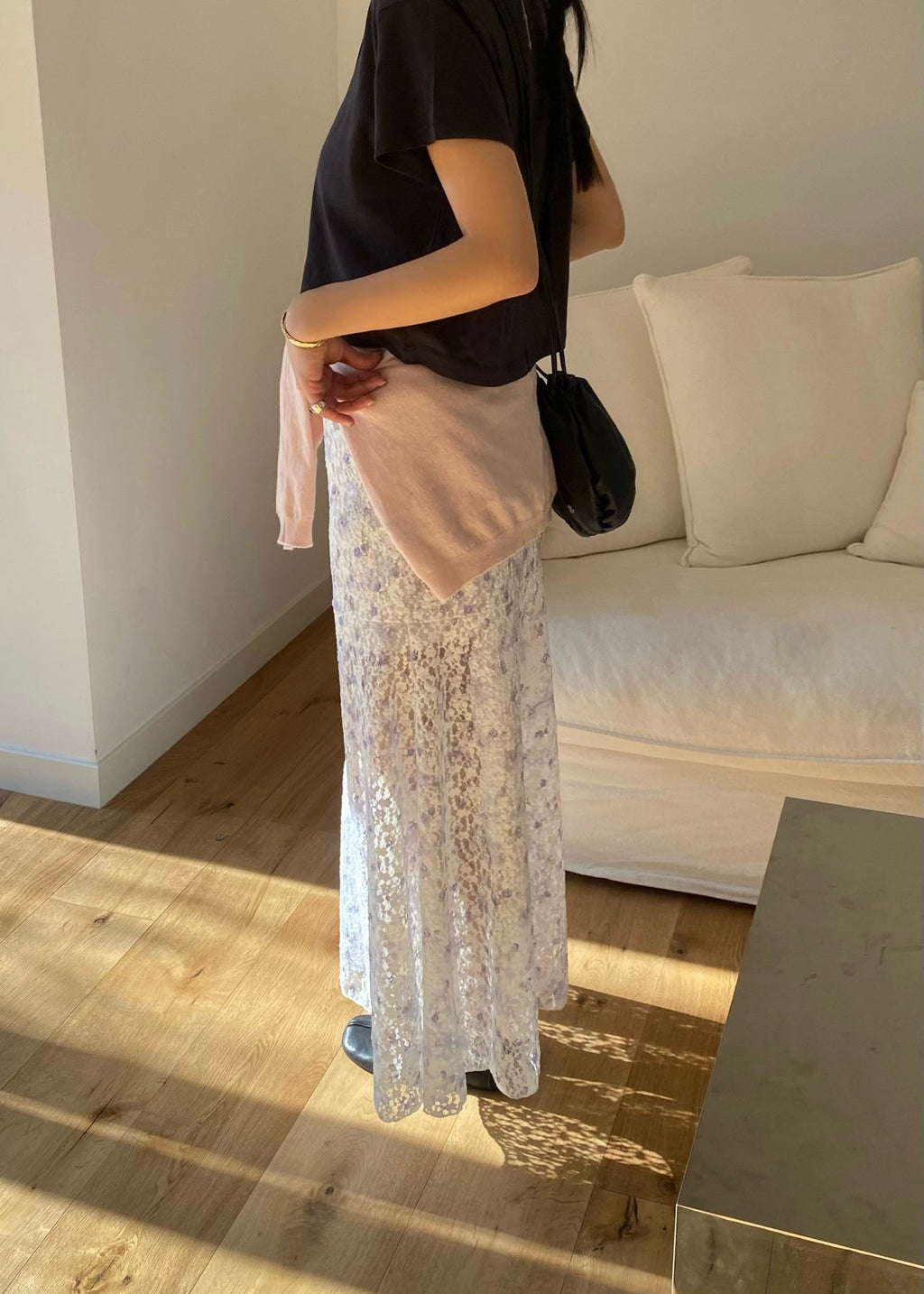 OUPPT Floral Lace Elastic Waist Maxi Skirt with Flared Hem