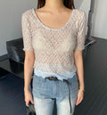 OUPPT Floral Print Layered Crop Top with Contrast Lettuce Hem Underlayer