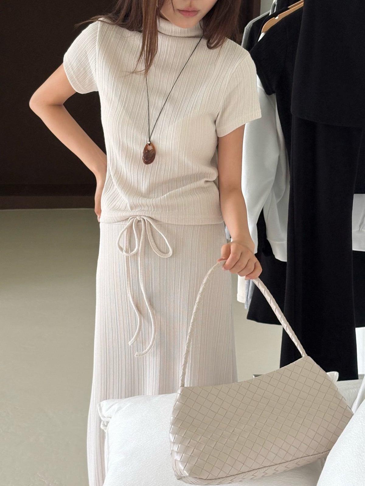Brown short-sleeve mock neck top and drawstring maxi skirt set