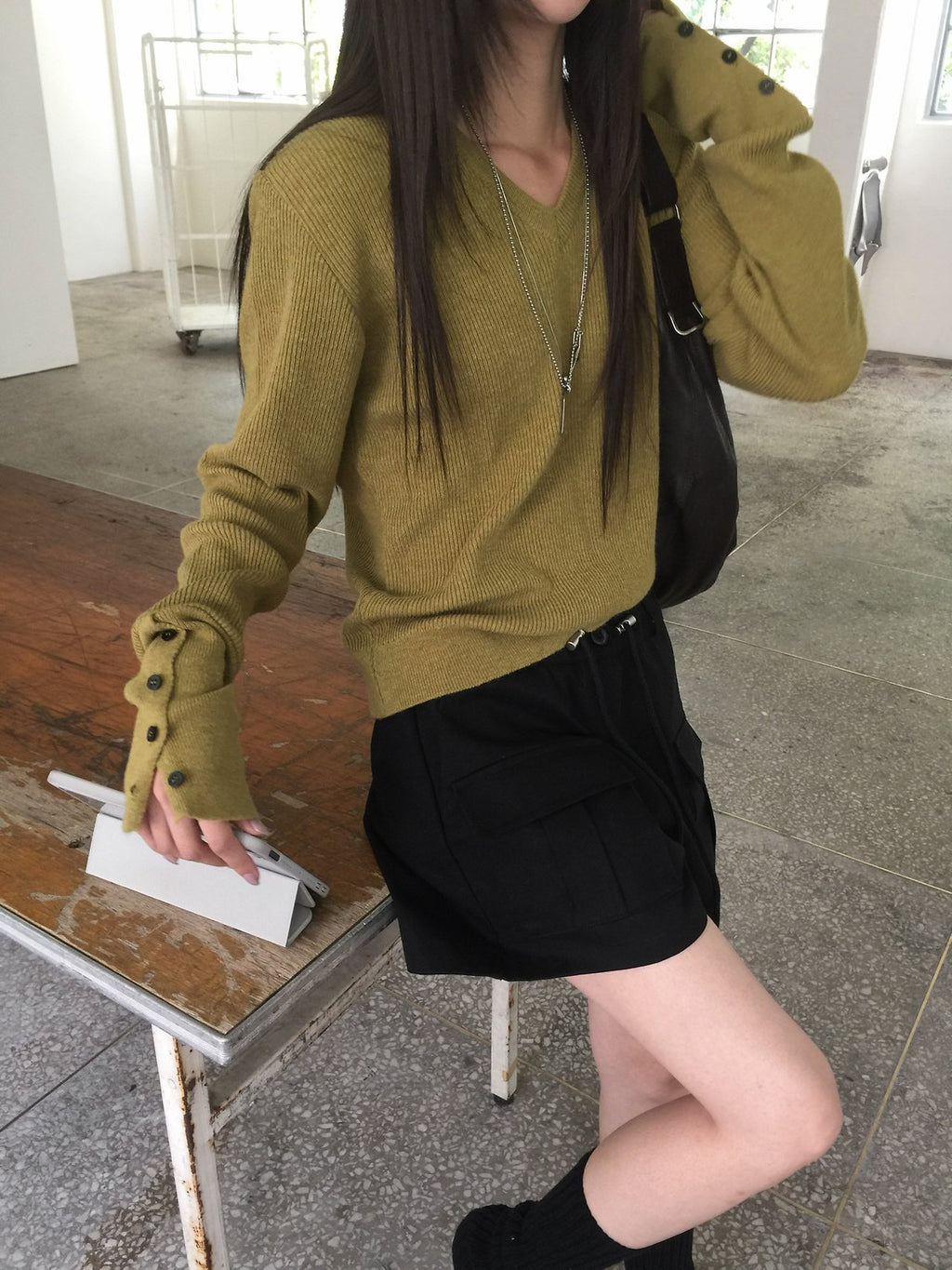 Nweol V-Neck Knit Sweater with Button Cuffs