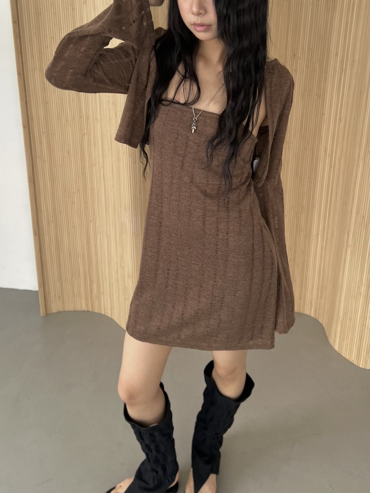 ASKHAKI Hole Knit Open-Front Cardigan & Square Neck Mini Dress Set