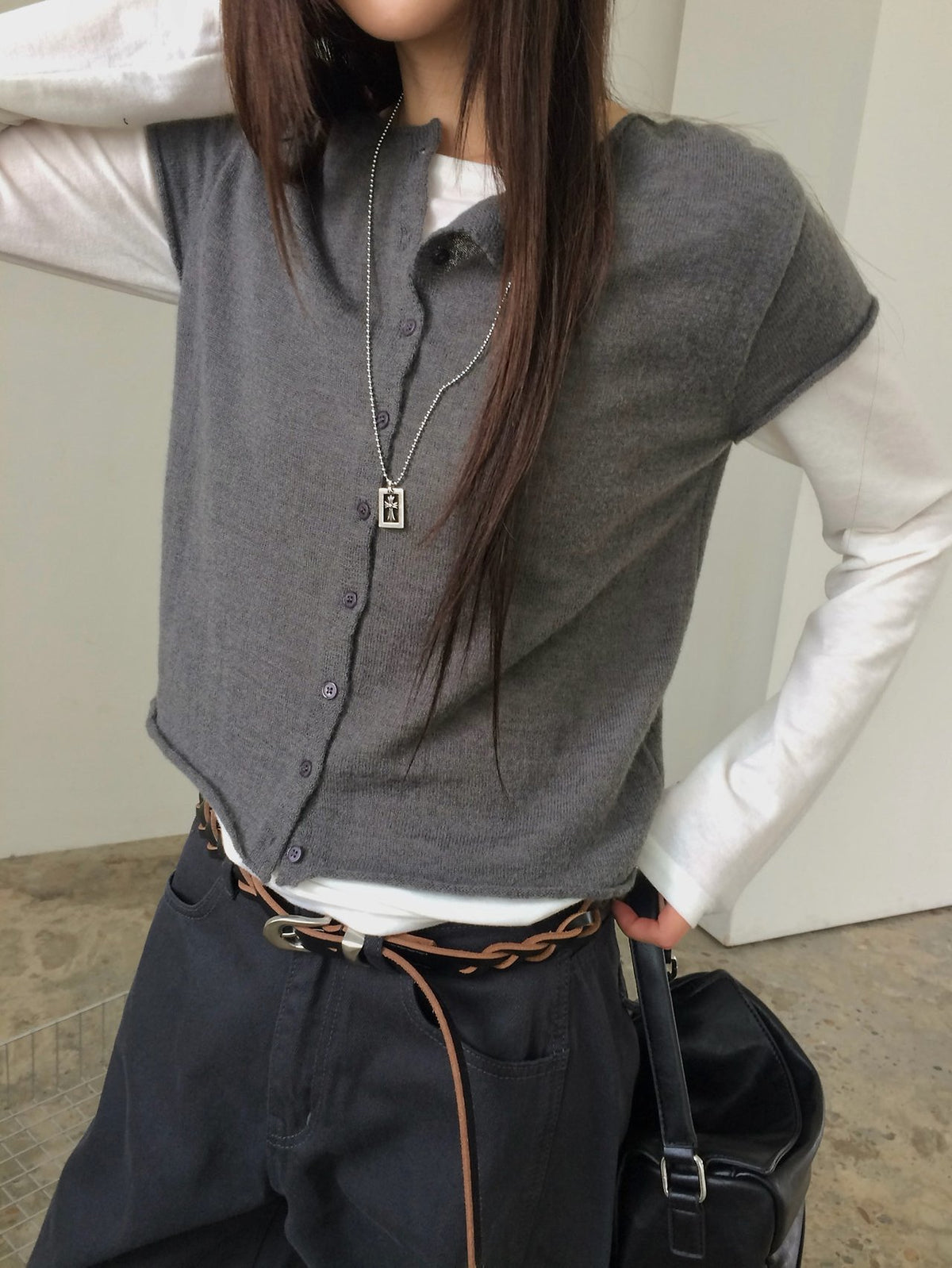 Front Button Cropped Cap Sleeve Knit Vest