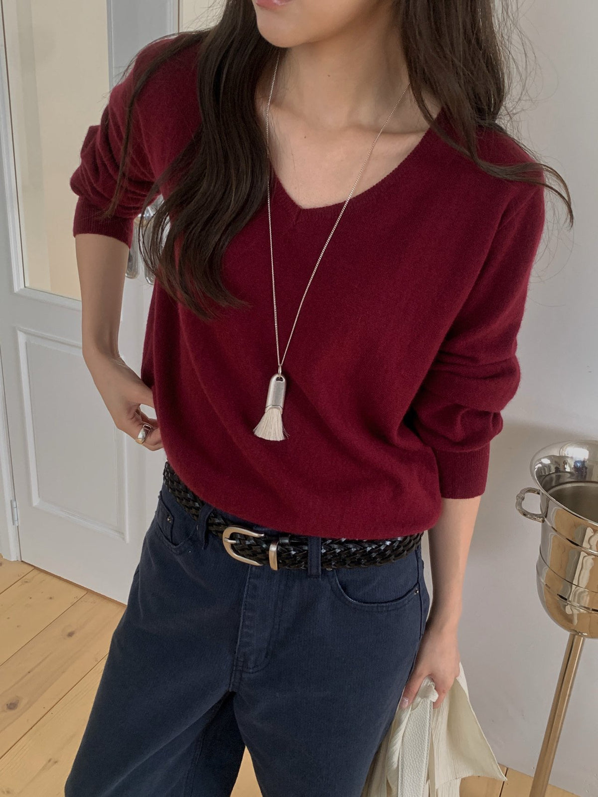V-Neck Cashmere Blend Knit Pullover