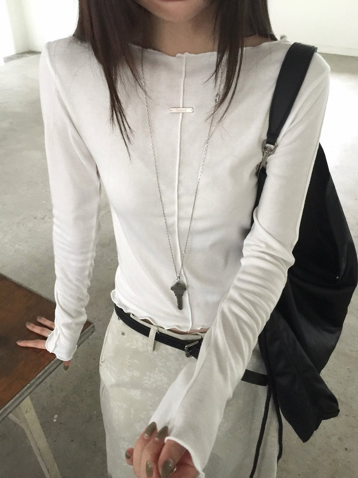 Frill Neck Seam Detail Fitted Long Sleeve Top