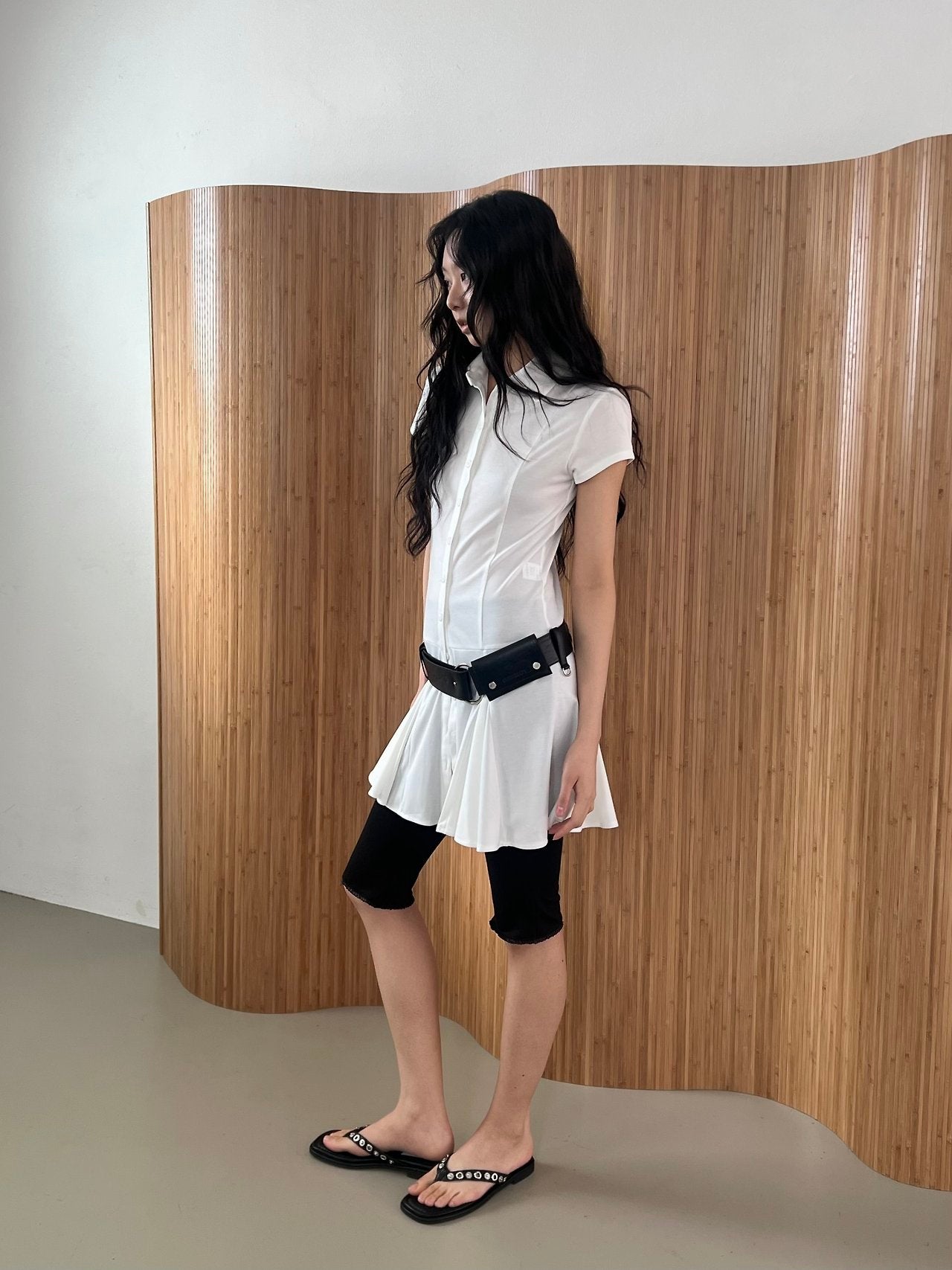 ASKHAKI Shirt Collar Button Front Pleated Flare Mini Dress