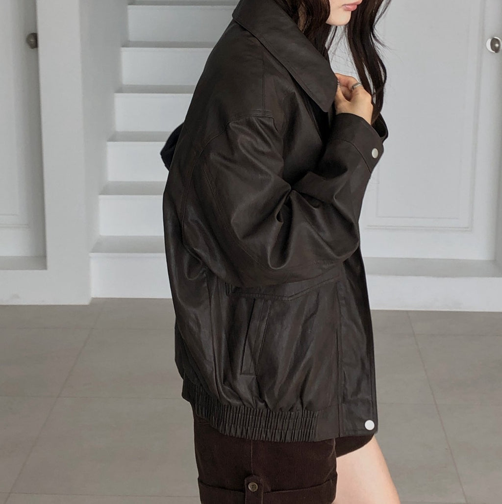 Oversized Wide Collar Faux Leather Blouson Jacket