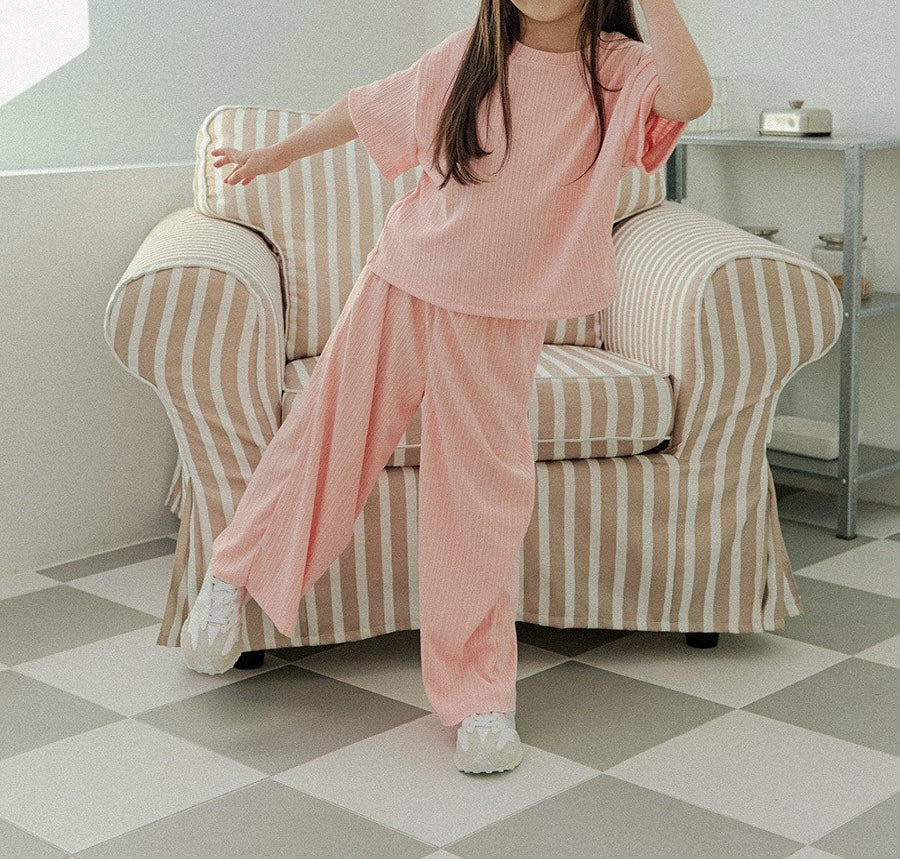 (2pack) Whitsketchbook Pleated Texture Crew Neck Top & Wide-Leg Pants Set — Kids