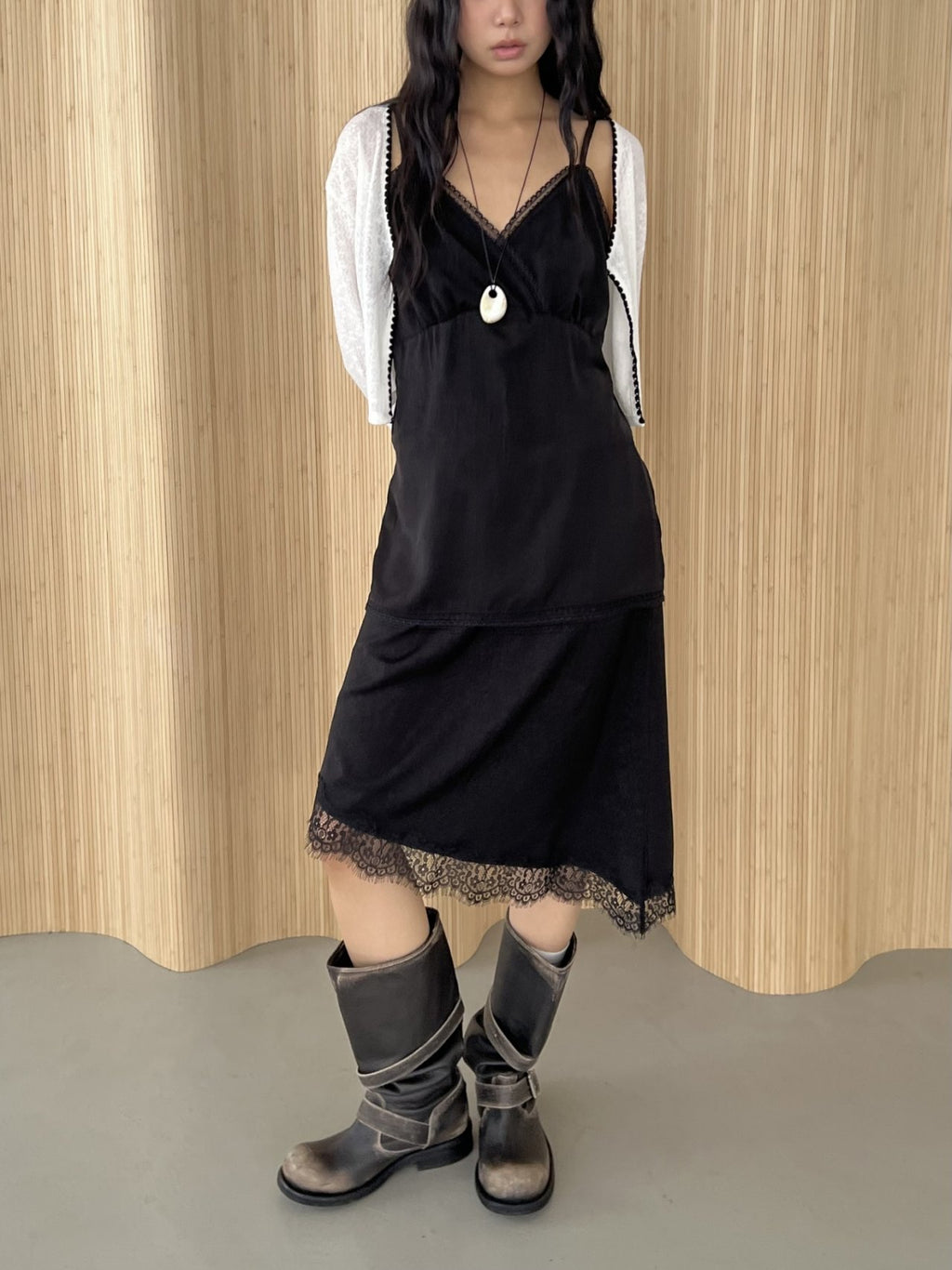 ASKHAKI Lace Trim Slip Blouse & Asymmetric Skirt Set