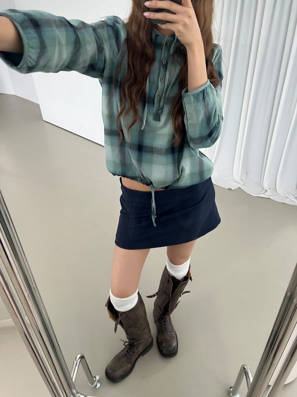 Check Pullover Hooded Shirt with Drawstring Hem